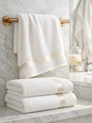 Folded white towels with gold embroidered trim