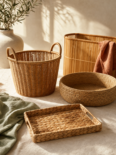 Woven rattan and seagrass storage baskets and trays